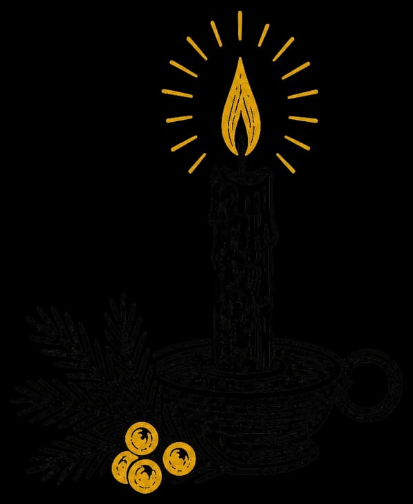 Linolschnitt einer Kerze mit goldener Flamme und Tannenzweig.